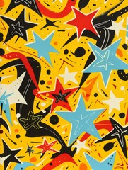 Fototapeta premium Small, star-like shapes in bright yellow are scattered throughout the composition, adding a playful, decorative element.