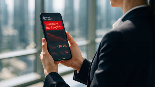 Close-up of businesswoman holding mobile phone showing imminent bankruptcy alert with red declining graph in modern office with skyscrapers view. Global financial crisis and investment failures