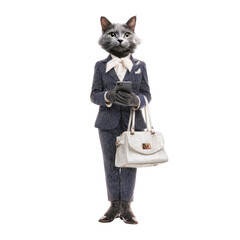 A grey cat wearing a pinstripe suit holding a smartphone and a white handbag