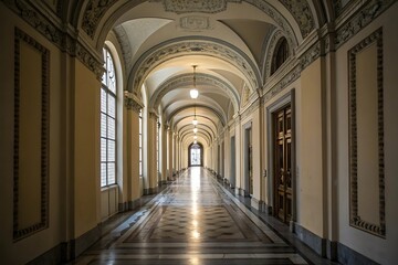 Obraz premium Elegant Palace Corridor with Ornate Archways, Marble Floor, and Sunlight Streaming Through Windows