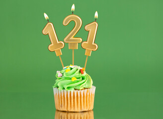 Birthday card with candle and cupcake - Number 121 on a green background