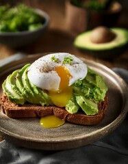 Poached egg atop crispy rye toast with bright avocado chunks, all bathed in warm morning sunlight that highlights the creamy textures and fresh, vibrant colors of the wholesome breakfast.
