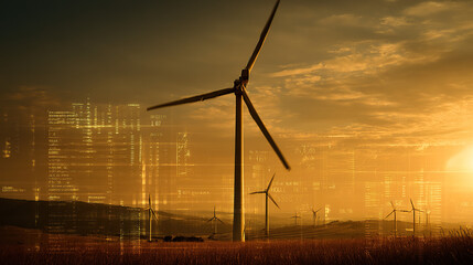 Wind turbines at sunset with digital overlay, perfect for renewable energy photography