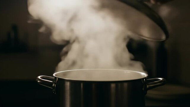 Steam Rising from a Cooking Pot with Lid Being Lifted in Kitchen