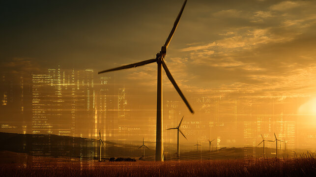 Wind turbines at sunset with digital overlay, perfect for renewable energy photography - Powered by Adobe