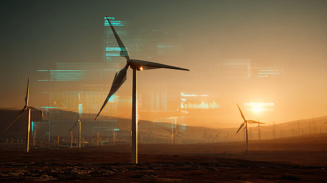 Wind turbines at sunset with digital overlay, perfect for renewable energy photography - Powered by Adobe
