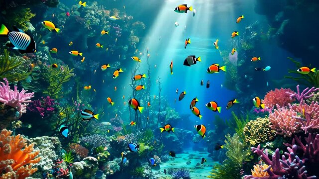 Underwater Paradise: Vibrant coral reefs teem with a kaleidoscope of colorful fish, basking in the warm embrace of sunlight, a captivating underwater scene, showcasing the beauty of marine ecosystem.