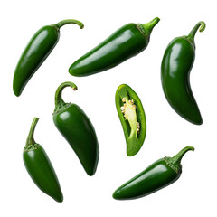 Jalapeno peppers arranged in a visually appealing pattern against a white background.  The image features multiple whole jalapenos and one cut jalapeno, showcasing their vibrant green color and shape.