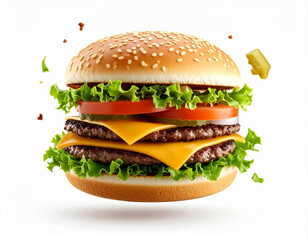 A double cheeseburger with lettuce, tomato, and pickles, seemingly floating against a clean white background.