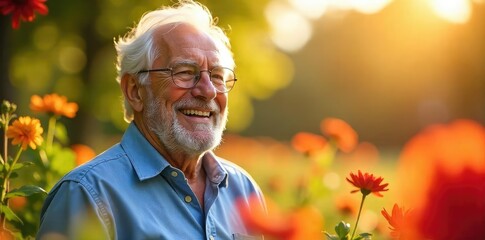 A cheerful senior citizen enjoys a relaxing retirement, surrounded by vibrant flowers and sunlight, symbolizing a joyful and fulfilling pensioner's life , cheerful, fulfillment