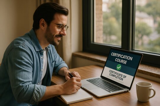Happy man receiving online certification and taking notes on a notepad, working remotely from home