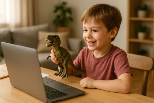Young boy enthusiastically participating in a virtual show and tell, holding a dinosaur toy while interacting with a laptop at home - Powered by Adobe