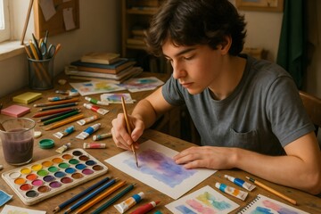 Fototapeta premium Creative male artist immersed in painting with vibrant watercolors and aquarelle paints, capturing inspiration in a home studio setting