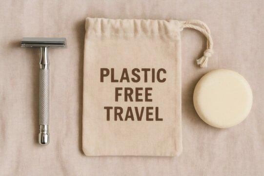 Promoting sustainable travel practices with reusable safety razor and solid shampoo bar, embracing a plastic free lifestyle for eco conscious journeys