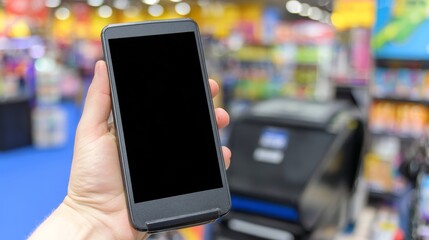 Business Mobile Payments Cardless Modern smartphone held in hand in vibrant retail store environment