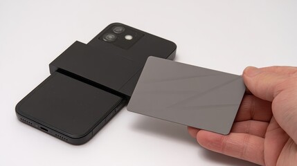 Business Mobile Payments Cardless Modern Smartphone with Card Holder and Blank Card on White Surface