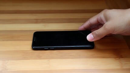 Business Mobile Payments Cardless Hand Reaching for a Smartphone on a Wooden Surface in Natural Light