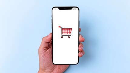 Business Mobile Payments Cardless Hand Holding Smartphone with Shopping Cart Icon on Blue Background
