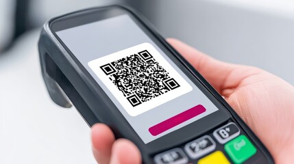 Business Mobile Payments Cardless Hand Holding Payment Device Displaying QR Code for Contactless Payment