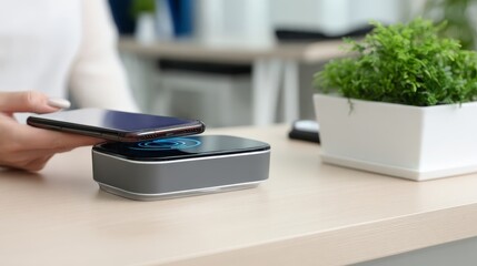 Business Mobile Payments Cardless Woman Using Wireless Charger for Smartphone on Modern Desk Surface