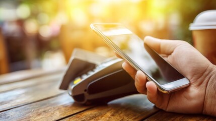 Business Mobile Payments Cardless Mobile Payment Technology with Smart Device and Card Reader Outdoors