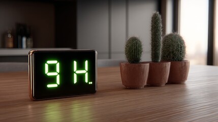 Business Mobile Payments Cardless Digital Clock on Table with Cactus Plants in Modern Interior Design