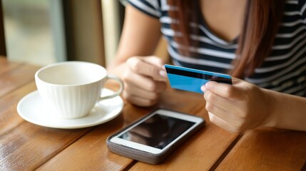 Business Mobile Payments Cardless Young Woman Holding Credit Card Over Table with Coffee and Smartphone