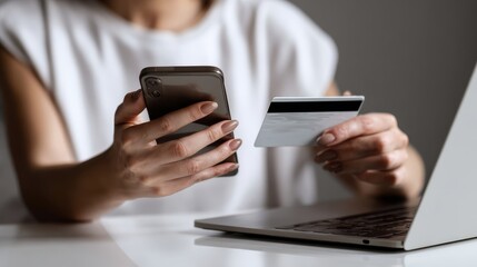 Business Mobile Payments Cardless Woman using smartphone and credit card for online shopping at home