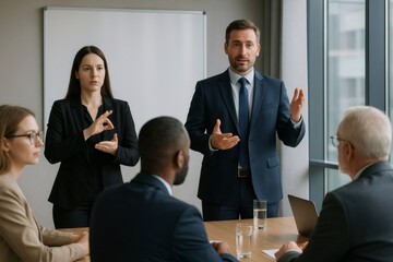 Professionals in a boardroom engage in a meeting, with a sign language interpreter facilitating communication for inclusive collaboration