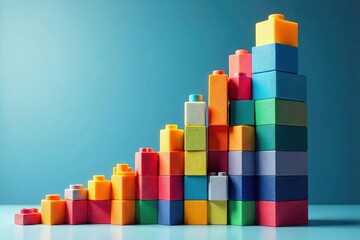 Naklejka premium A diverse array of colorful building blocks morphing into a sleek, modern skyscraper, symbolizing successful business transformation and innovative growth strategies , blocks, expansion