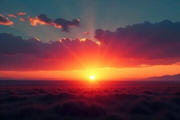 A fading sunset casts long shadows, the last rays of light disappearing beyond the horizon, symbolizing the gentle transition from light to darkness, a serene end , orange, transition, tranquility