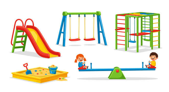 Illustration of a playground set with a slide, swings, monkey bars, seesaw, and sandbox toy