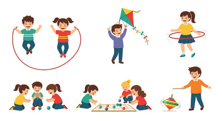 Illustration of children engaged in various activities such as jumping rope and playing games