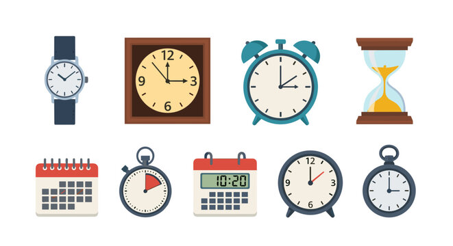 Illustration showing a collection of timekeeping devices including watches clocks and calendars etcetera