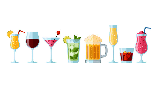 Illustration of various alcoholic and non alcoholic beverages in glasses and mugs on white background - Powered by Adobe
