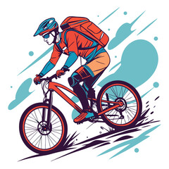 Naklejka premium Mountain Biker Riding Downhill in Action Pose Colorful Vector Illustration for Adventure Sports Poster Outdoor Activity or Cycling Promotion