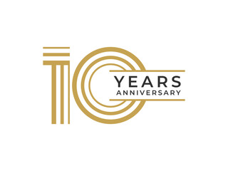 10 Years Anniversary design vector illustration. Unique 10 years logo design template. In gold color