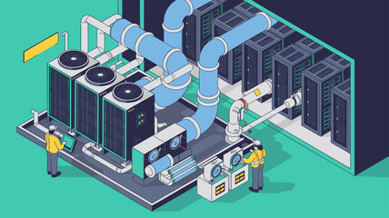 engineers maintaining cooling infrastructure in a data center, isometric vector illustration for hvac systems, server room maintenance and it hardware management