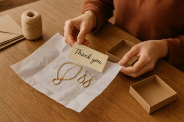 Woman packing handmade jewelry into a box, adding a heartfelt thank you note, and preparing for a thoughtful delivery to a customer