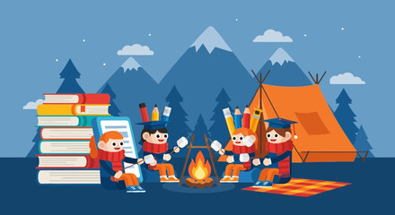 Naklejka premium Creative Learning Adventure Students Celebrating Graduation Around Bonfire Camping Scene