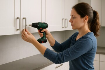 Woman skillfully using a power drill to replace cabinet handles in a modern kitchen, demonstrating DIY skills and home improvement techniques