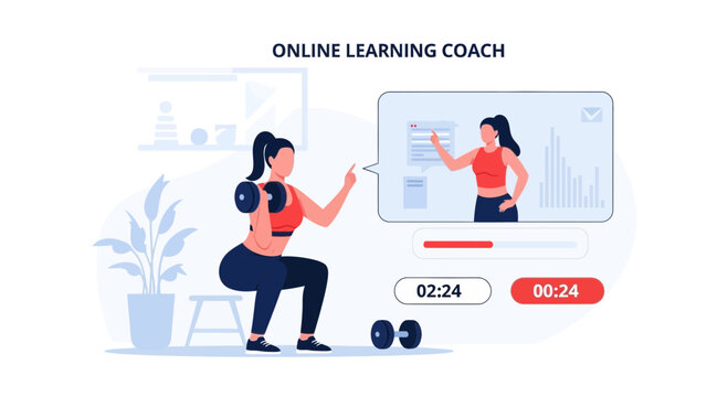 Empowering Fitness Online: Female Coach Guiding Dumbbell Exercises Via Virtual Training