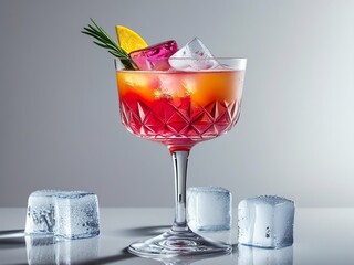 Bright tropical exotic cocktail in a glass, with pieces of fruit and multi-colored ice, ice cubes nearby