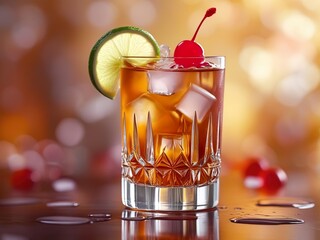 Glass of whiskey with ice, alcoholic cocktail decorated with cherry and lemon slice, fashion food photo