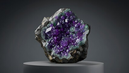 Stunning natural amethyst geode with sparkling purple crystals and green accents