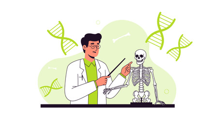 Anatomist Explaining Human Anatomy With Human Skeleton And Dna Structure