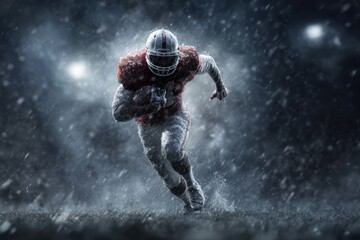 Sport Photography Wallpaper - American Football Player in Action with Smoke and Dramatic Lighting.