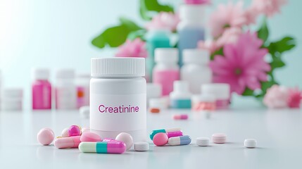 A collection of colorful pills and a container labeled 'Creatinine' against a soft floral background, creating a vibrant healthcare scene.