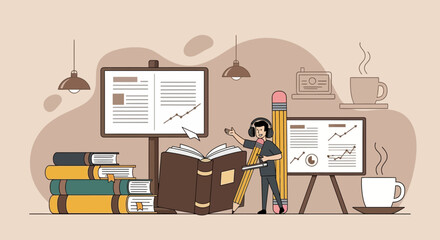 Animated Boy With Headphone and Big Pencil Explaining Financial Presentation