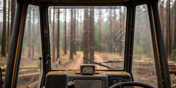 View from the cabin of an off-road vehicle traveling through a misty forest during a calm morning road trip - Powered by Adobe